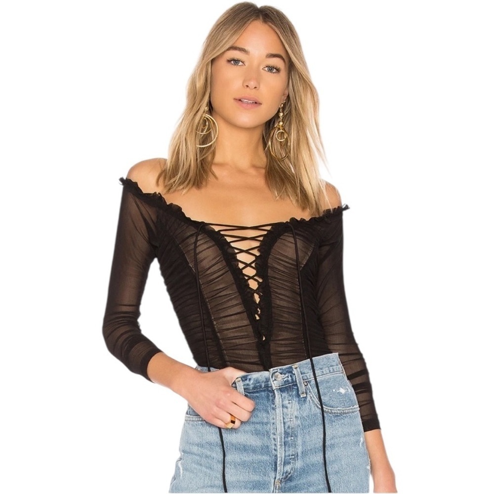 MAJORELLE Cleo Black Ruched Lace-up Thong Bodysuit Size M